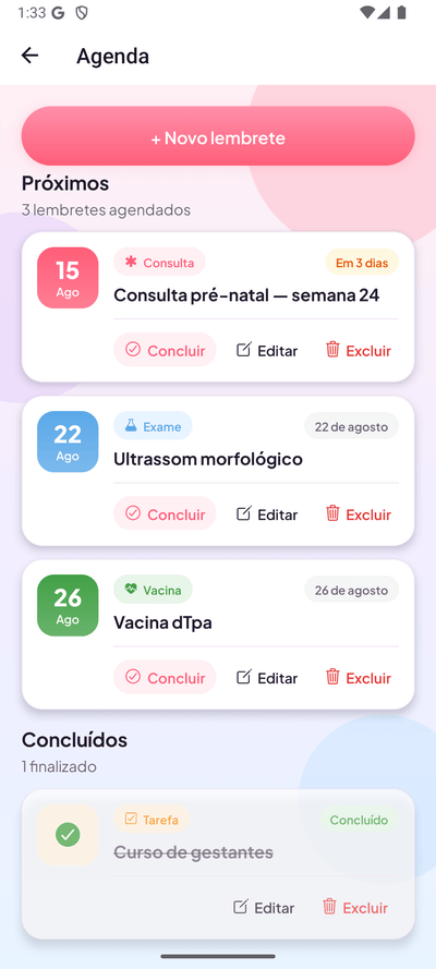 Tela Agenda do Gravidez sem Neura — compromissos e avisos