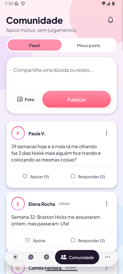 Tela Comunidade do Gravidez sem Neura — feed acolhedor com fotos