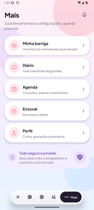 Tela Mais do Gravidez sem Neura — atalhos para enxoval, perfil e premium